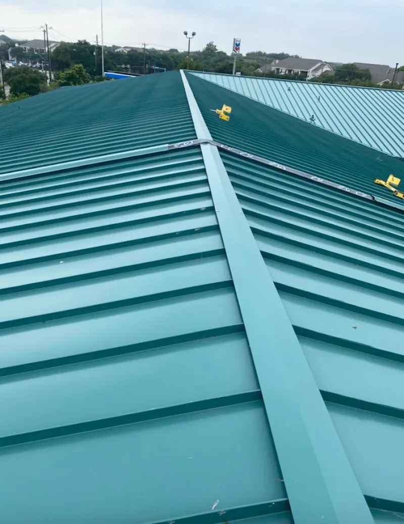 Green commercial metal roof ridge and valley for Metal Roof Repair in La Habra